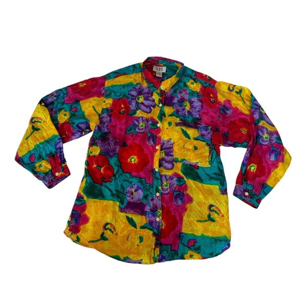 Vintage XPL XPLOSIF Women’s Long Sleeve Floral Blouse Size Medium 100% Silk - Picture 1 of 15